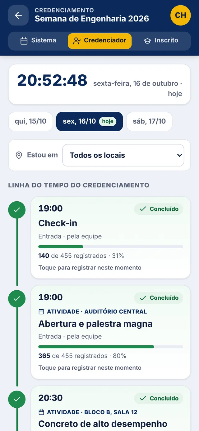 App do credenciador no celular com a linha do tempo das atividades do dia