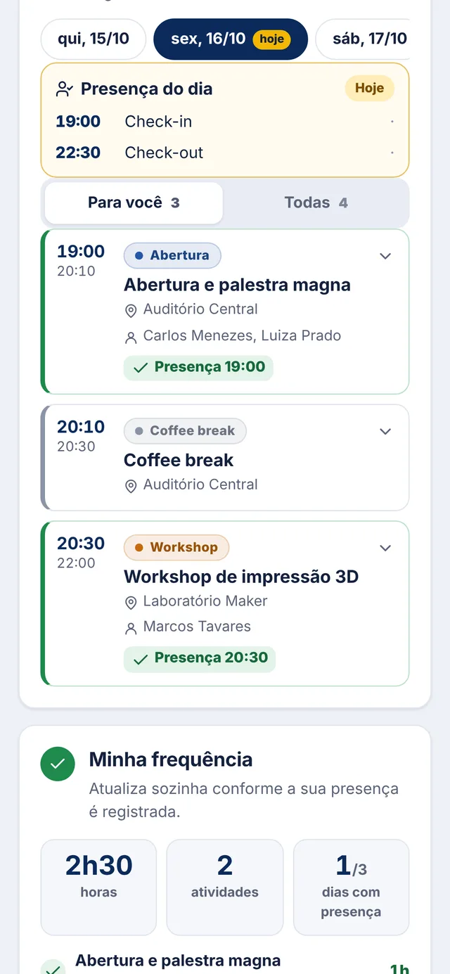 App do inscrito com a programação do dia e o selo de presença em cada atividade
