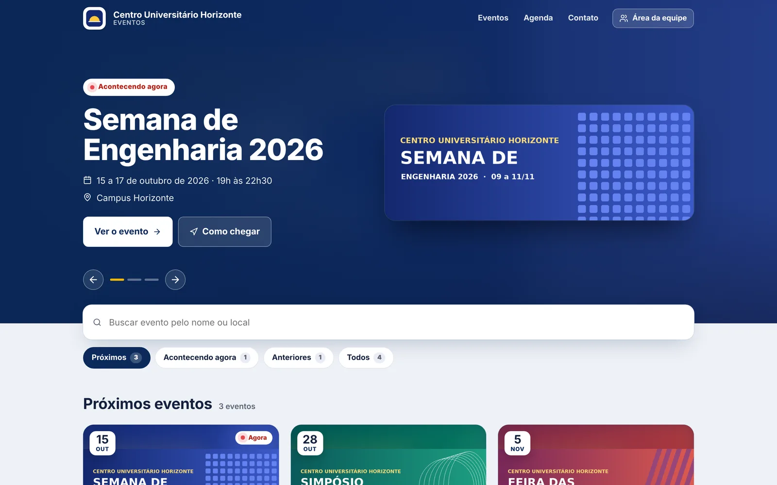 Vitrine pública de eventos de uma instituição de exemplo, com banner e busca